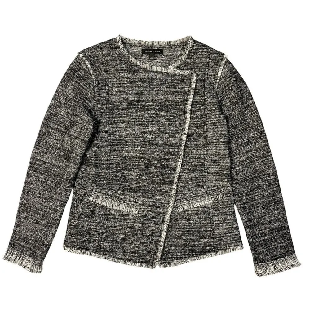 BANANA REPUBLIC Small Asymmetrical‎ Black Gray Tweed Jacket Fringe Career Casual